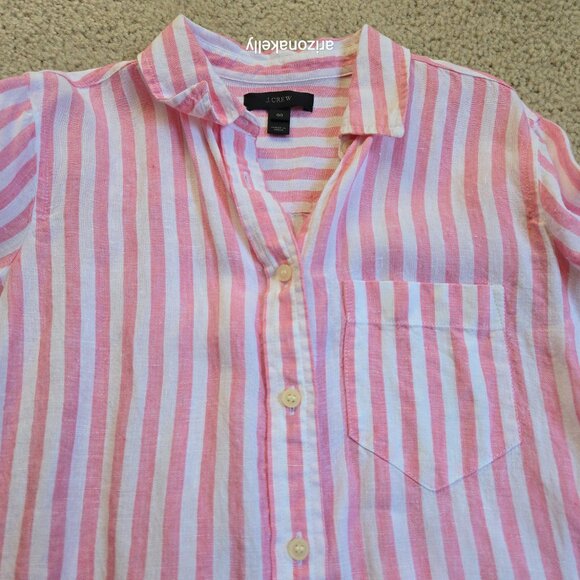 J. Crew Linen Button Down Shirt Pink + White Stripe Tie Waist  00 - Picture 7 of 10